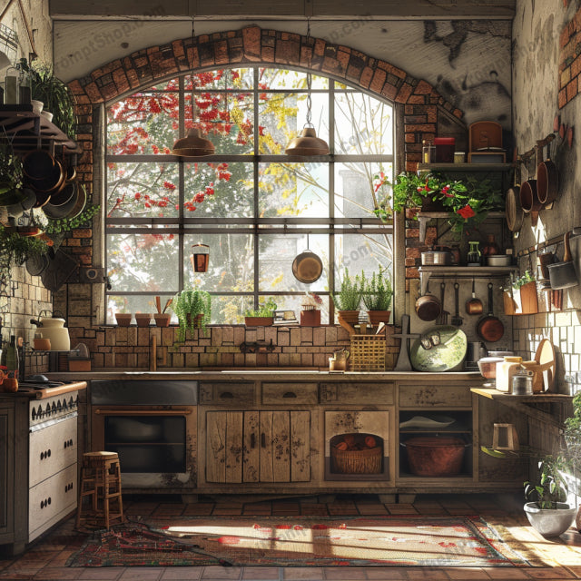 Rustic Mediterranean Kitchen AI MidJourney Image Prompt, 8658Ai, Ai Image Prompt, architecture, charming, countryside, cozy, culinary, decor, greenery, home, Image Prompt, interiors, inviting, kitchen, Landscapes & Paintings, Mediterranean, midjourney, old-fashioned, pottery, Prompt, quaint, rustic, tiled backsplash, vintage, warm, wooden beams