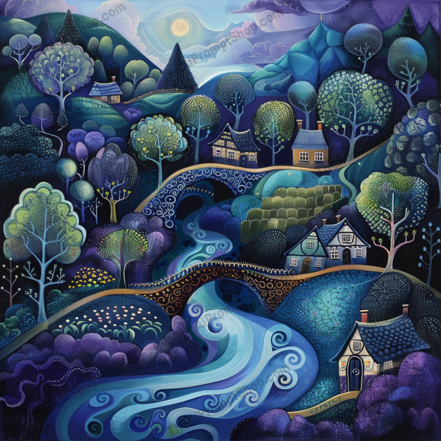 Whimsical Landscapes AI MidJourney Image Prompt, 8978 Landscapes & Paintings, midjourney, whimsical, landscape, colorful, folk art, rolling hills, vibrant fields, quaint cottages, starry night, intricate patterns, vivid colors, fantasy, nature, artistic, scenic, picturesque, decorative, imaginative, lush, charming, delightful, Midjourney, Ai, Ai Image Prompt, Image Prompt, Prompt