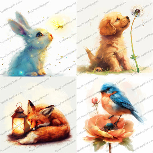Animals in Dreamy Pastels AI MidJourney Image Prompt, 8850 Animals, midjourney, whimsical, heartwarming, adorable, animals, bunny, puppy, fox, bird, dreamy, pastels, illustration, soft lighting, magical, serene, cute, animal art, artwork, fantasy, nature, illustrated animals, Midjourney, Ai, Ai Image Prompt, Image Prompt, Prompt