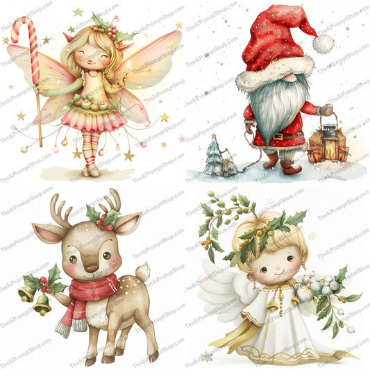 Christmas Holiday Characters AI MidJourney Image Prompt, 9071 Holidays, midjourney, Christmas, holiday, characters, whimsical, pastel, cartoon, festive, decor, greetings, fairy, gnome, deer, angel, cute, illustration, art, design, winter, seasonal, celebration, Midjourney, Ai, Ai Image Prompt, Image Prompt, Prompt