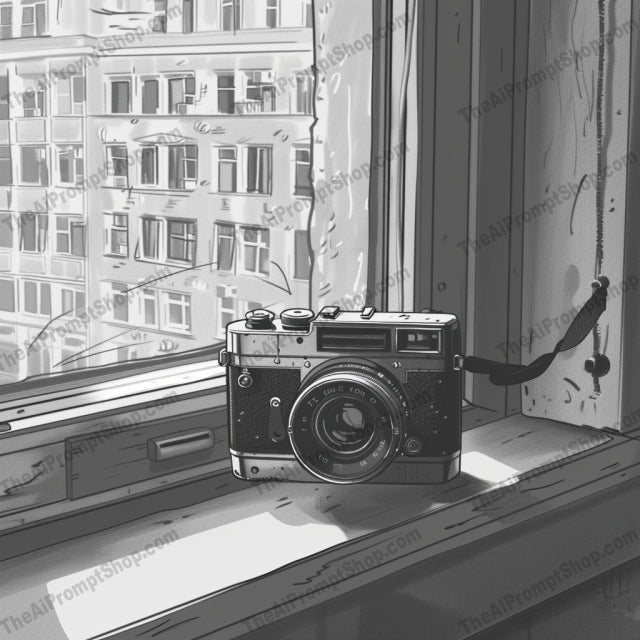 Vintage Window View Illustrations AI MidJourney Image Prompt, 9606 — A series of black and white illustrations highlighting vintage items and urban window views — product preview image 1