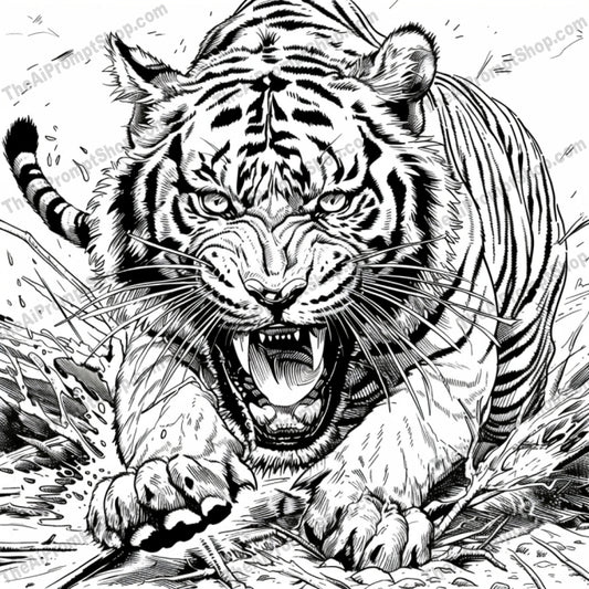 Majestic Animals AI MidJourney Image Prompt, 9642 Coloring Pages, midjourney, tiger, unicorn, phoenix, black and white, illustration, detailed drawing, mythical creatures, fierce tiger, mystical unicorn, majestic phoenix, fine line art, animal illustration, intricate design, wildlife art, mythology, fantasy art, animal sketch, artwork, creative illustration, ink drawing, Midjourney, Ai, Ai Image Prompt, Image Prompt, Prompt