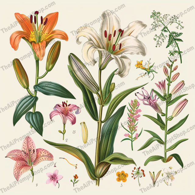 Vintage Botanical Flower Illustration AI MidJourney Image Prompt, 8177