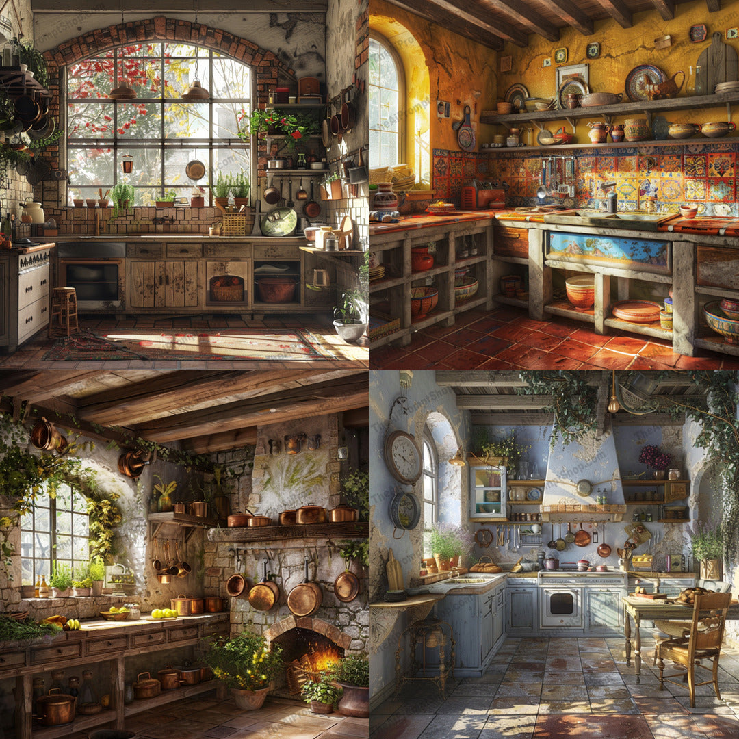 Rustic Mediterranean Kitchen AI MidJourney Image Prompt, 8658Ai, Ai Image Prompt, architecture, charming, countryside, cozy, culinary, decor, greenery, home, Image Prompt, interiors, inviting, kitchen, Landscapes & Paintings, Mediterranean, midjourney, old-fashioned, pottery, Prompt, quaint, rustic, tiled backsplash, vintage, warm, wooden beams