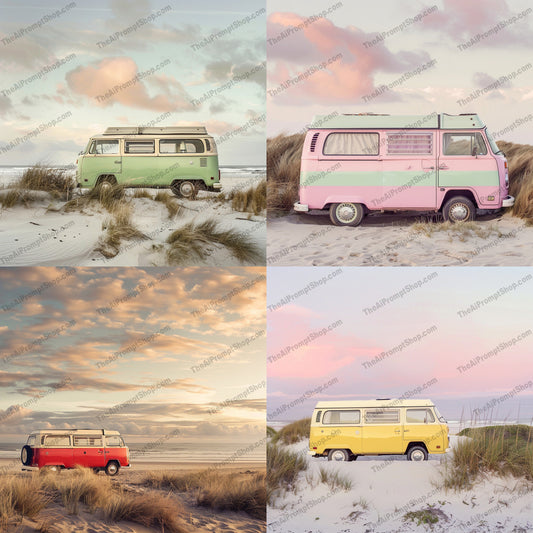 Retro Beach Vans AI MidJourney Image Prompt, 9098 Animation & Cartoons, midjourney, retro van, vintage car, beach scene, pastel colors, classic vehicle, vintage aesthetic, serene beach, travel, nostalgia, beach vibes, old-fashioned van, coastal, retro vibes, classic design, vintage travel, summer, outdoor adventure, beach getaway, retro style, scenic view, Midjourney, Ai, Ai Image Prompt, Image Prompt, Prompt