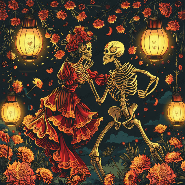 Day of the Dead Skeletons AI MidJourney Image Prompt, 9075 Holidays, midjourney, Day of the Dead, skeletons, celebration, floral, vibrant, colorful, traditional, festival, Mexican culture, decorative, candles, guitar, moonlight, festive, intricate, detailed, art, skull, sombrero, lanterns, Midjourney, Ai, Ai Image Prompt, Image Prompt, Prompt