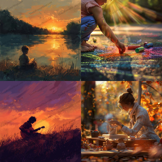 Golden Hour Moments AI MidJourney Image Prompt, 8908 Landscapes & Paintings, midjourney, golden hour, serene, tranquility, child reading, lake, chalk drawing, creativity, guitar, sunset, pottery, artistry, peaceful, everyday moments, art, nature, sunlight, evening, outdoor activities, illustration, relaxation, calm, Midjourney, Ai, Ai Image Prompt, Image Prompt, Prompt