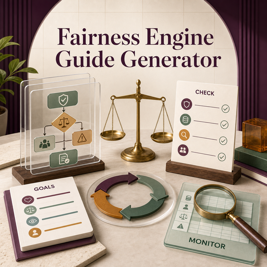 Fairness Engine Guide Generator cover showing goals, data checks, decision accountability, and ongoing monitoring.