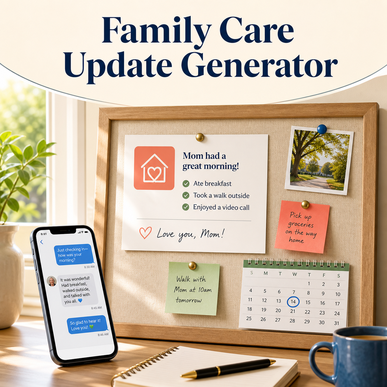 Family Care Update Generator cover showing a family update board and message thread
