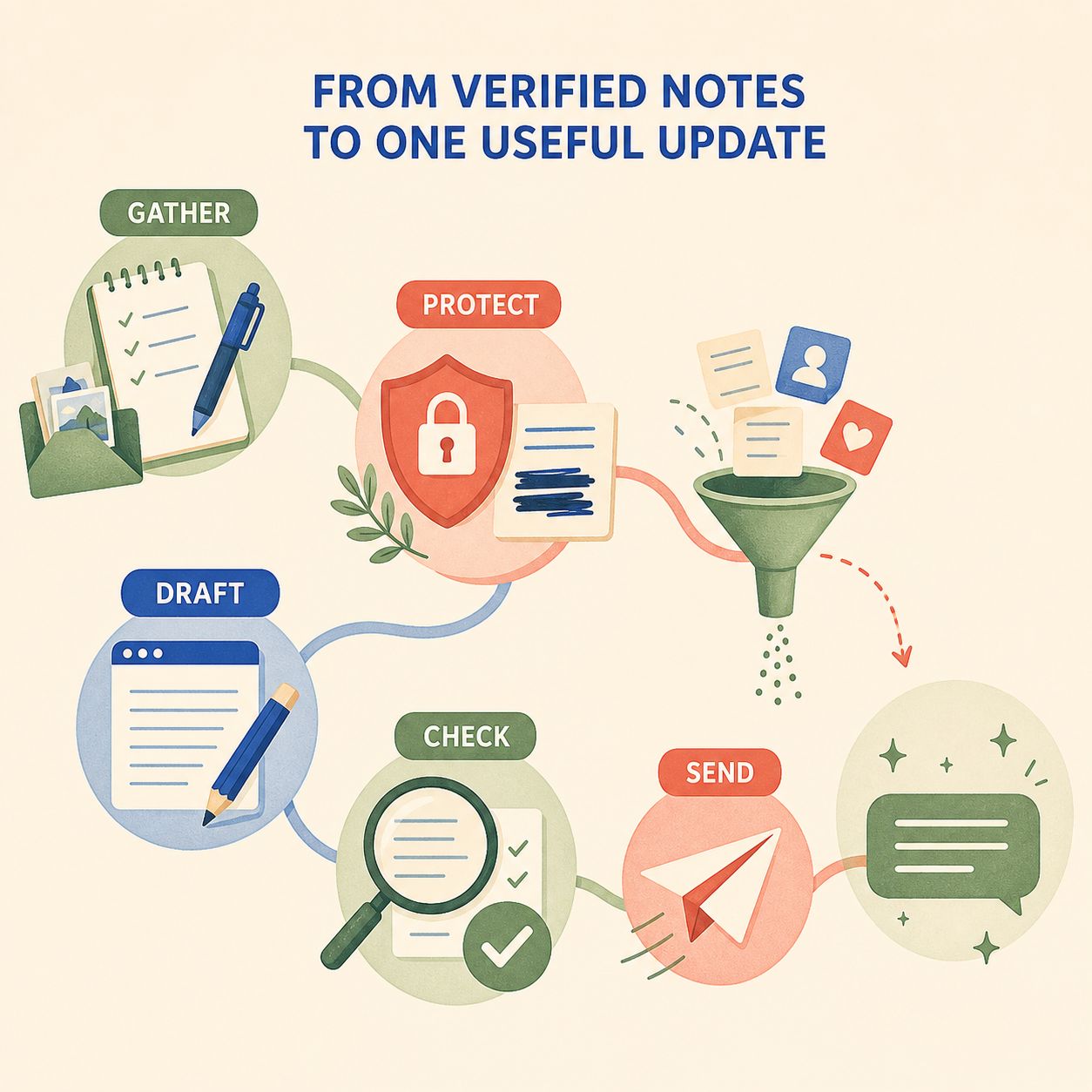 Family Care Update Generator method for gathering, protecting, drafting, checking, and sending an update