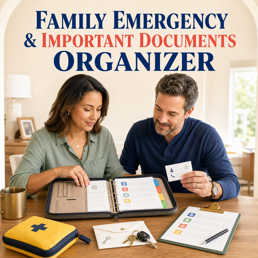 Family Emergency and Important Documents Organizer cover showing a couple organizing household records and emergency information