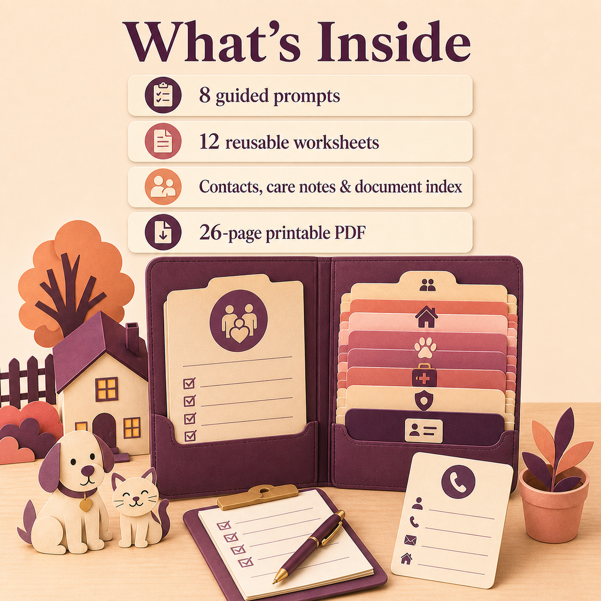 Family Emergency & Important Documents Organizer contents showing 8 guided prompts and 12 reusable worksheets