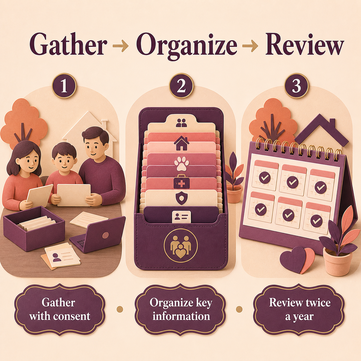 Family Emergency & Important Documents Organizer three-step workflow overview