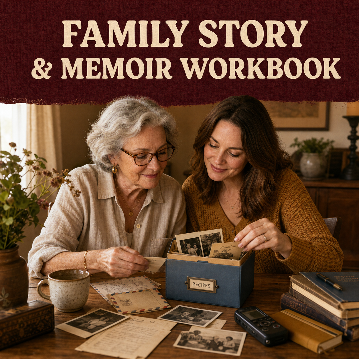 Family Story and Memoir Workbook cover showing two generations reviewing photographs, letters, and a recipe box