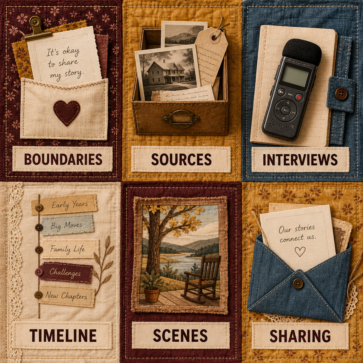 Family memoir areas for boundaries, sources, interviews, timeline, scenes, and sharing