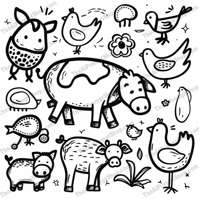 Cute Doodles of Animals and Nature AI MidJourney Image Prompt, 8967 Animals, midjourney, doodles, animals, nature, black and white, whimsical, creative, illustration, playful, birds, fish, trees, leaves, mushrooms, waves, sea life, forest, farm animals, hand-drawn, fun, art, Midjourney, Ai, Ai Image Prompt, Image Prompt, Prompt