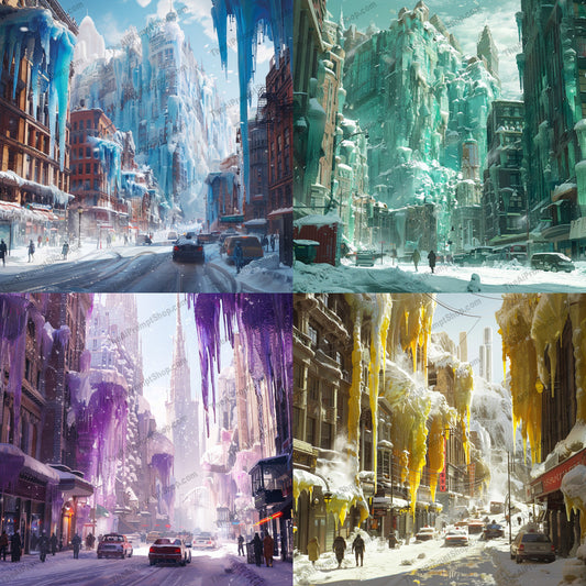 Vibrant Winter Cityscape AI MidJourney Image Prompt, 9401 Landscapes & Paintings, midjourney, winter, cityscape, icicles, colorful, vibrant, urban, snow, buildings, surreal, enchanting, icy structures, winter wonderland, city, street, cars, people, cold, frost, architecture, breathtaking, Midjourney, Ai, Ai Image Prompt, Image Prompt, Prompt