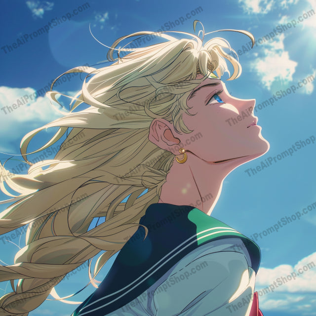 Anime Character in Sky AI MidJourney Image Prompt, 9236 Anime, midjourney, anime, character, sky, wind, freedom, dynamic, uplifting, animation, bright, blue, expansive, aspiration, flowing hair, art, style, clouds, hopeful, inspirational, visual, manga, Midjourney, Ai, Ai Image Prompt, Image Prompt, Prompt