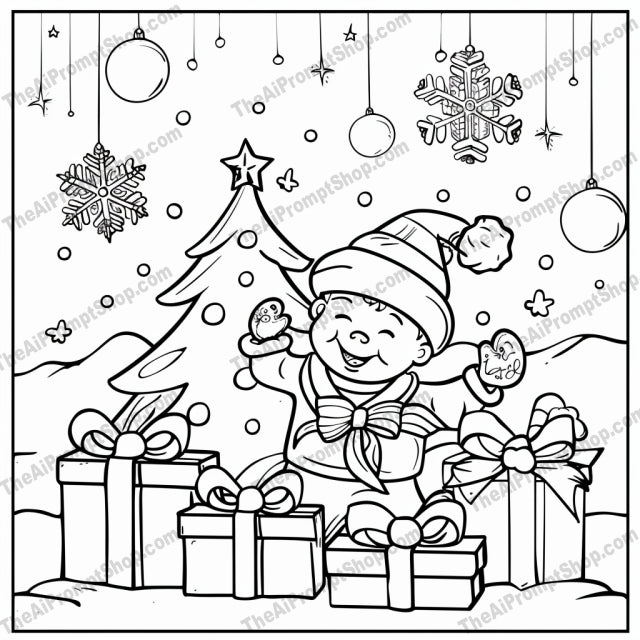 Festive Holiday Coloring Page AI MidJourney Image Prompt, 8615activity, Ai, Ai Image Prompt, celebration, Christmas, Christmas tree, coloring, coloring page, Coloring Pages, festive, fun, gifts, holiday, holiday season, Image Prompt, joyful, kids, midjourney, New Year, outline, presents, Prompt, Santa Claus, snow, whimsical, winter