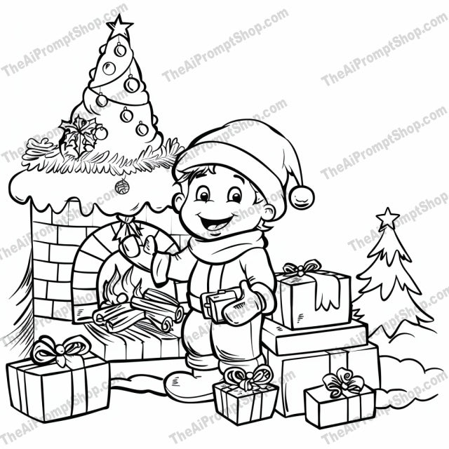 Festive Holiday Coloring Page AI MidJourney Image Prompt, 8615activity, Ai, Ai Image Prompt, celebration, Christmas, Christmas tree, coloring, coloring page, Coloring Pages, festive, fun, gifts, holiday, holiday season, Image Prompt, joyful, kids, midjourney, New Year, outline, presents, Prompt, Santa Claus, snow, whimsical, winter