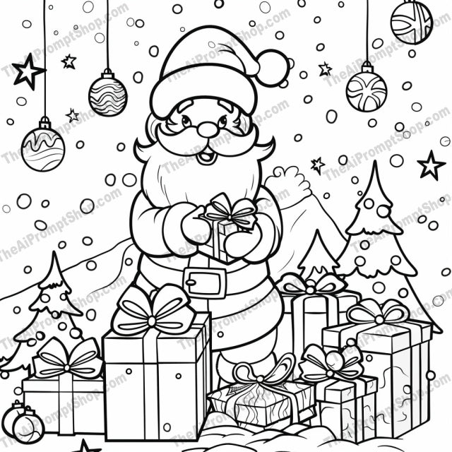 Festive Holiday Coloring Page AI MidJourney Image Prompt, 8615activity, Ai, Ai Image Prompt, celebration, Christmas, Christmas tree, coloring, coloring page, Coloring Pages, festive, fun, gifts, holiday, holiday season, Image Prompt, joyful, kids, midjourney, New Year, outline, presents, Prompt, Santa Claus, snow, whimsical, winter