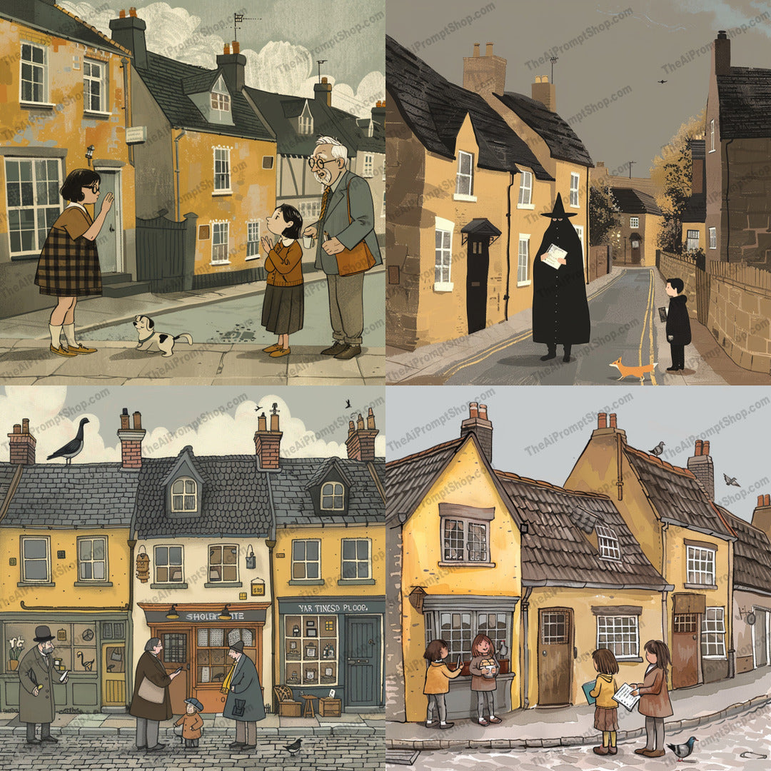 Charming Village Life Illustration AI MidJourney Image Prompt, 8919 Animation & Cartoons, midjourney, village, nostalgic, storybook, illustration, charming, houses, shops, street scenes, soft colors, muted colors, detailed line work, warmth, serenity, whimsy, art, quaint, village life, classic, heritage, beautifully depicted, Midjourney, Ai, Ai Image Prompt, Image Prompt, Prompt