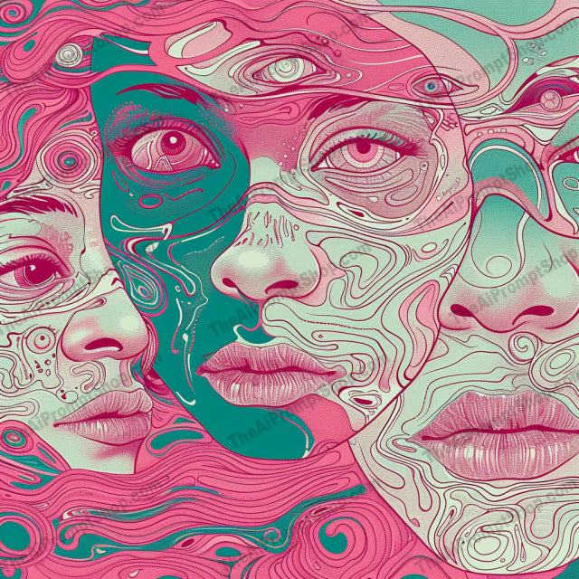 Swirled Faces AI MidJourney Image Prompt, 9035 Portraits & People, midjourney, surreal, abstract, swirling, patterns, faces, vibrant, green, blue, orange, pink, dynamic, otherworldly, artistic, creative, unique, psychedelic, trippy, modern, design, stylized, Midjourney, Ai, Ai Image Prompt, Image Prompt, Prompt