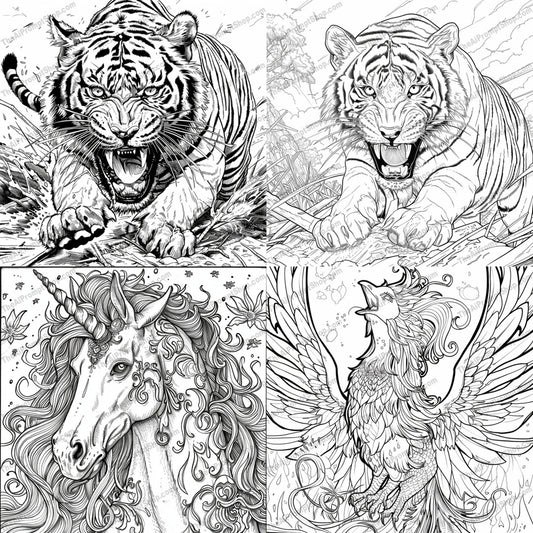 Majestic Animals AI MidJourney Image Prompt, 9642 Coloring Pages, midjourney, tiger, unicorn, phoenix, black and white, illustration, detailed drawing, mythical creatures, fierce tiger, mystical unicorn, majestic phoenix, fine line art, animal illustration, intricate design, wildlife art, mythology, fantasy art, animal sketch, artwork, creative illustration, ink drawing, Midjourney, Ai, Ai Image Prompt, Image Prompt, Prompt