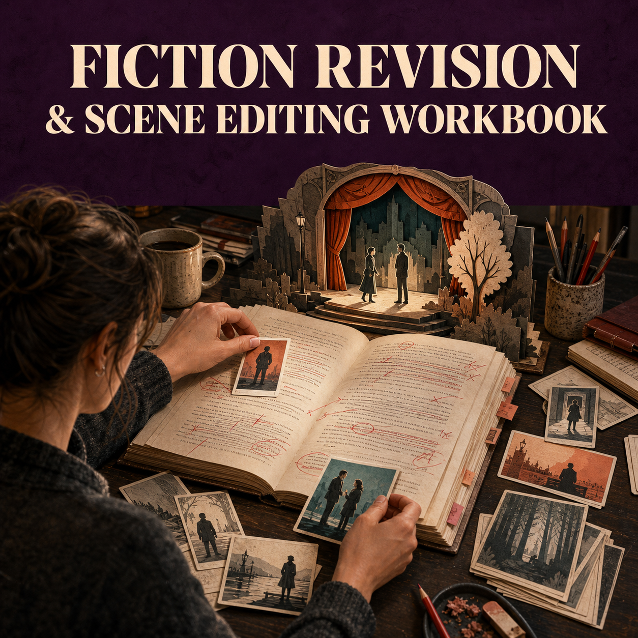 Fiction Revision and Scene Editing Workbook cover showing a writer revising a manuscript scene