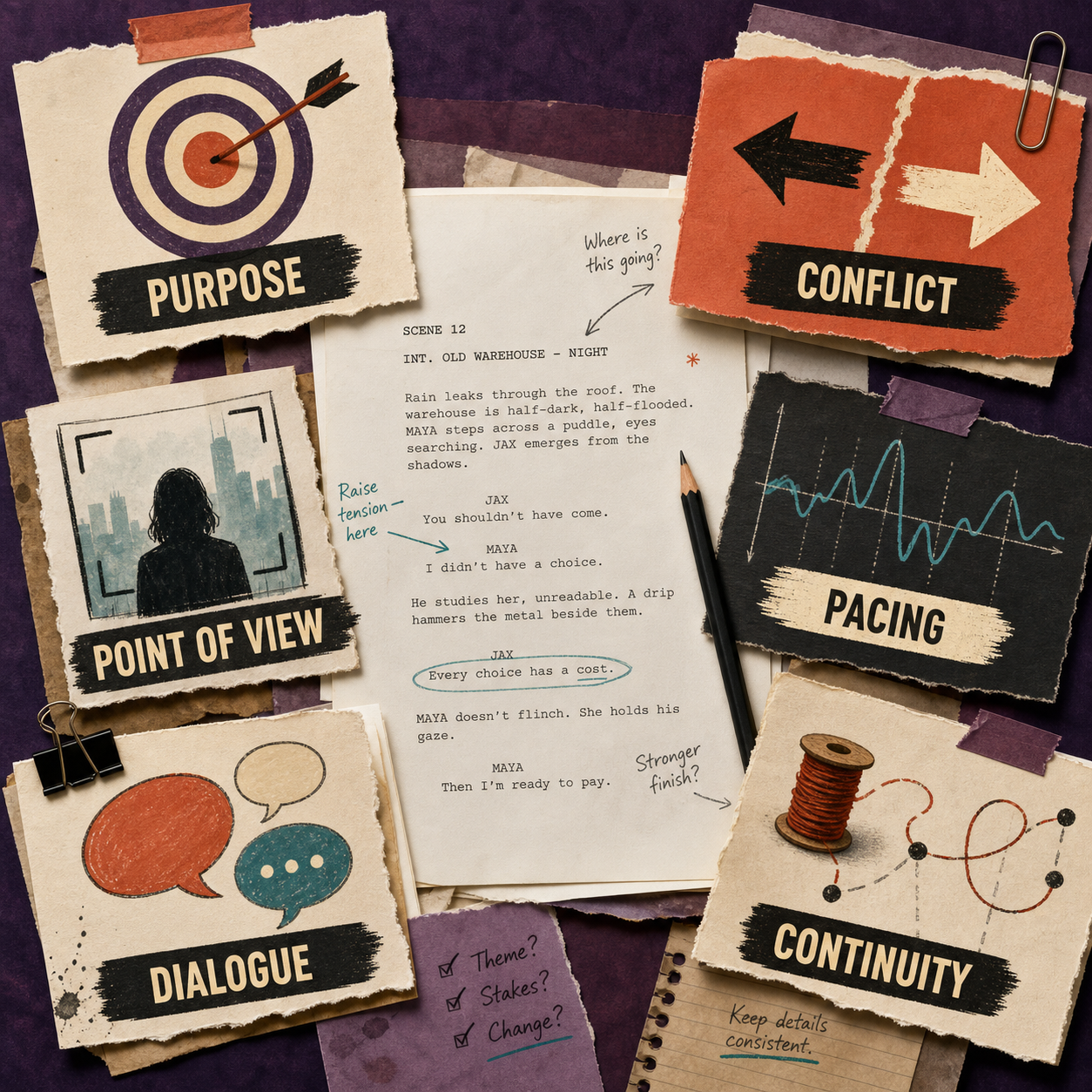 Fiction revision areas for purpose, conflict, point of view, pacing, dialogue, and continuity