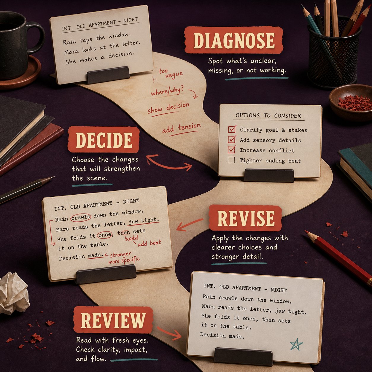 Fiction scene editing method showing diagnose, decide, revise, and review