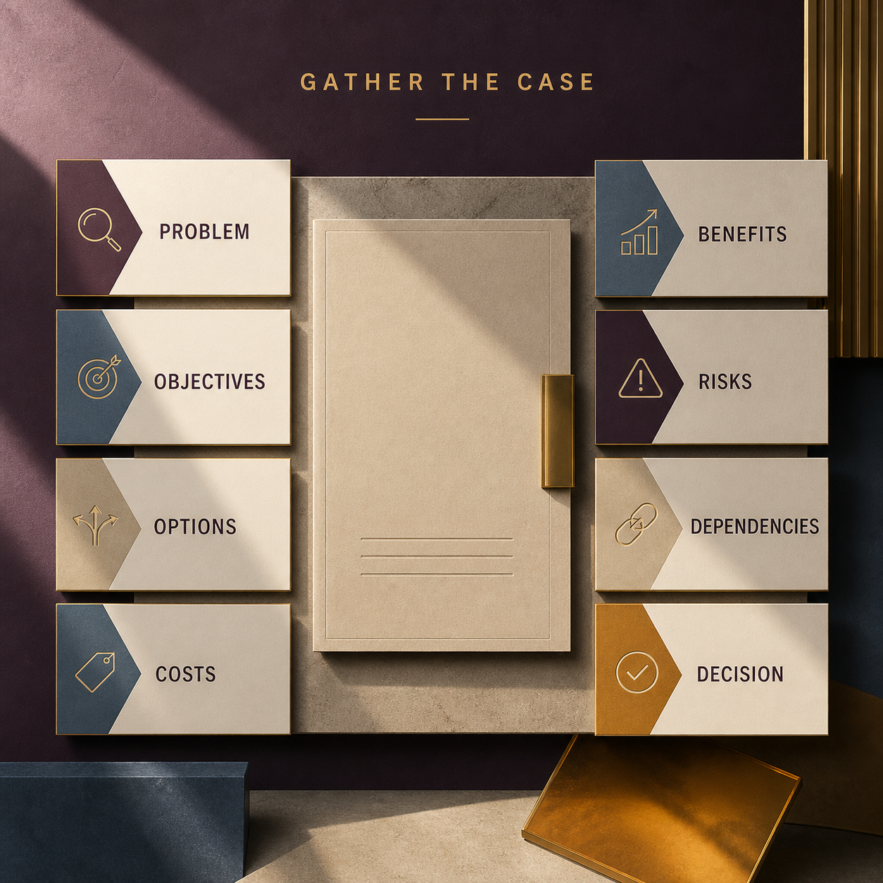 Finance business case generator inputs for problem objectives options costs benefits risks dependencies and decision
