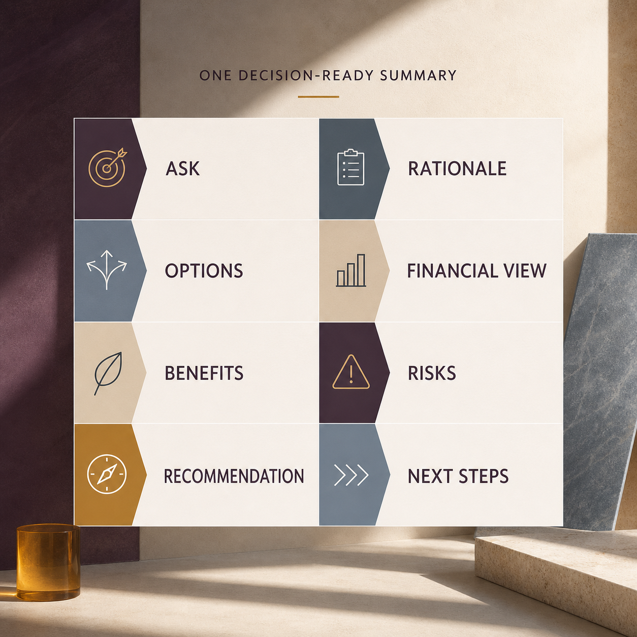 Finance business case summary sections from decision ask through recommendation and next steps
