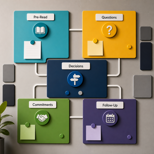 Finance meeting system connecting pre-reads, questions, decisions, commitments, and follow-up.