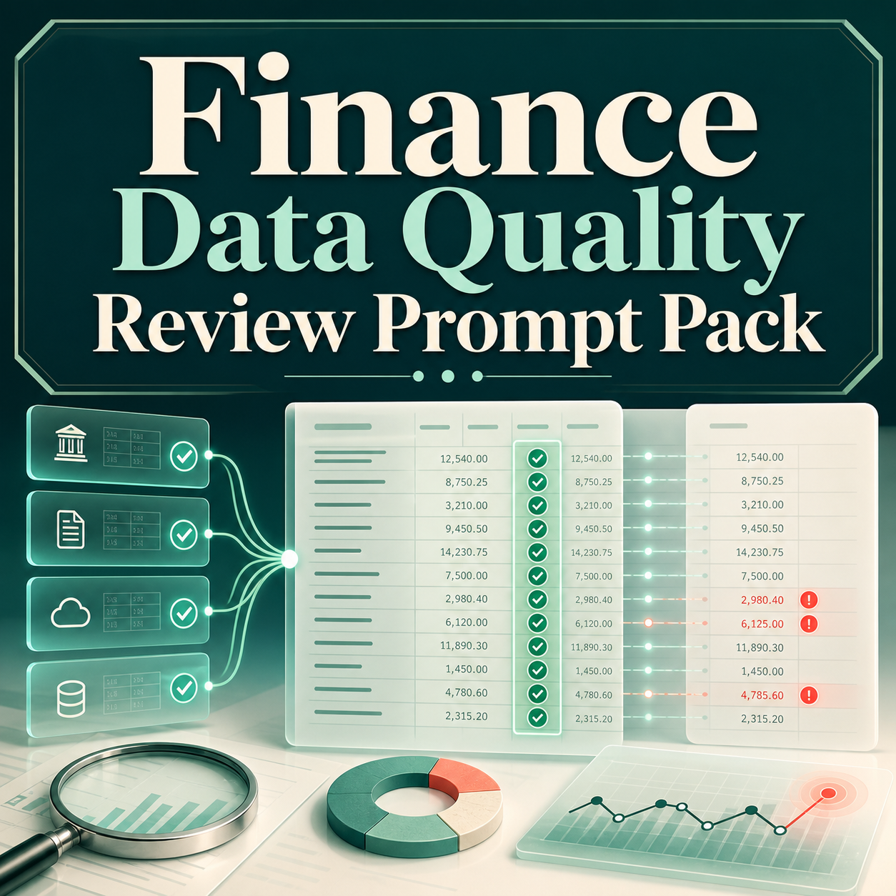 Finance Data Quality Review Prompt Pack cover with reconciled finance tables and anomaly markers