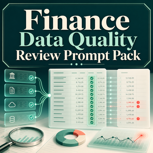 Finance Data Quality Review Prompt Pack cover with reconciled finance tables and anomaly markers
