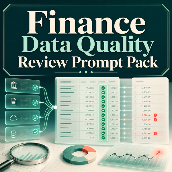 Finance Data Quality Review Prompt Pack cover with reconciled finance tables and anomaly markers