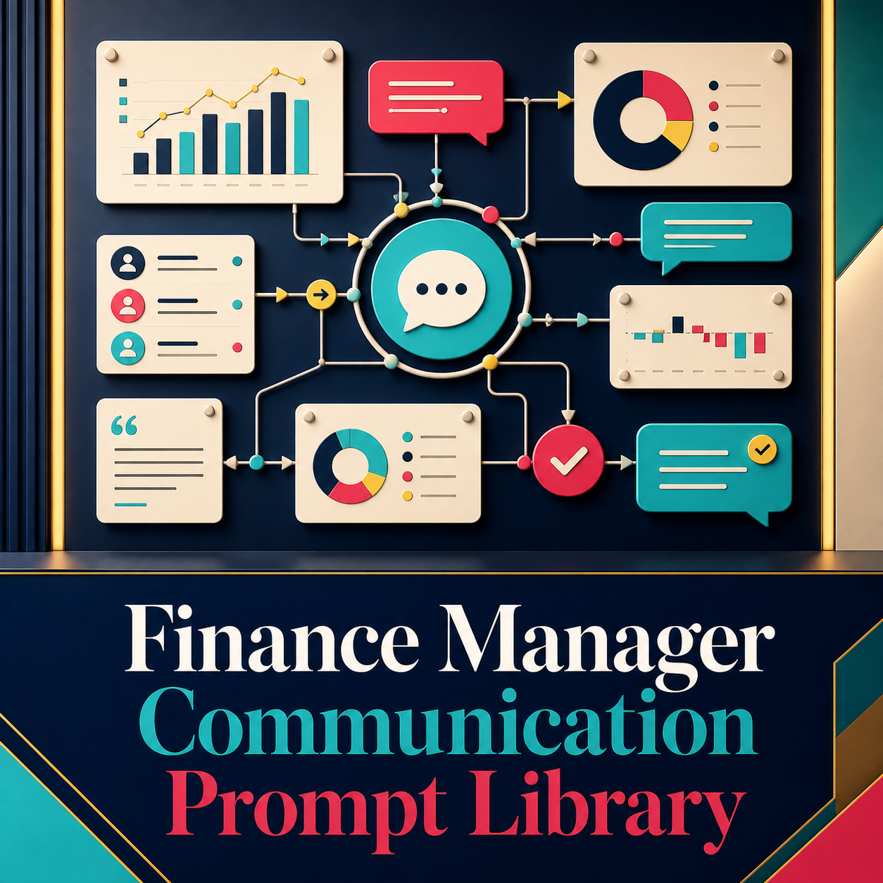 Finance Manager Communication Prompt Library cover with finance charts stakeholder cards and message routing