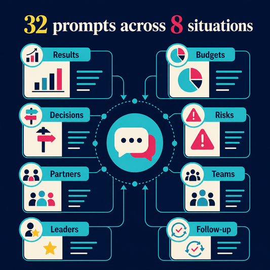 Thirty two finance communication prompts across eight situations including results budgets decisions risks teams and leaders