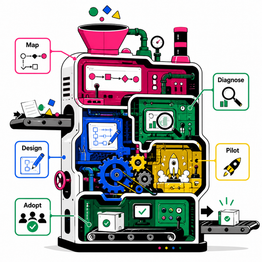 Illustrative improvement process for mapping, diagnosing, designing, piloting, and adopting finance workflows.