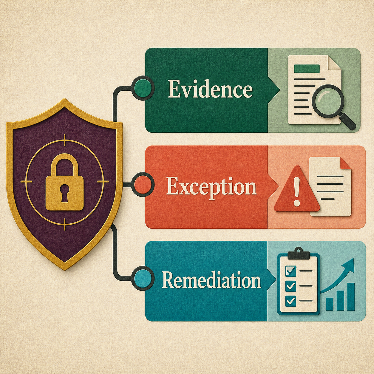 Controls workflow from evidence to exception and remediation.