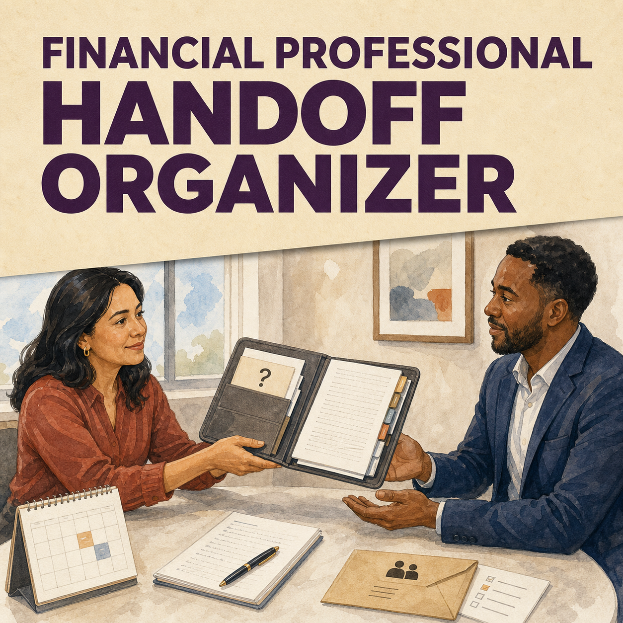 Financial Professional Handoff Organizer illustrated cover showing a customer passing an organized portfolio to a professional