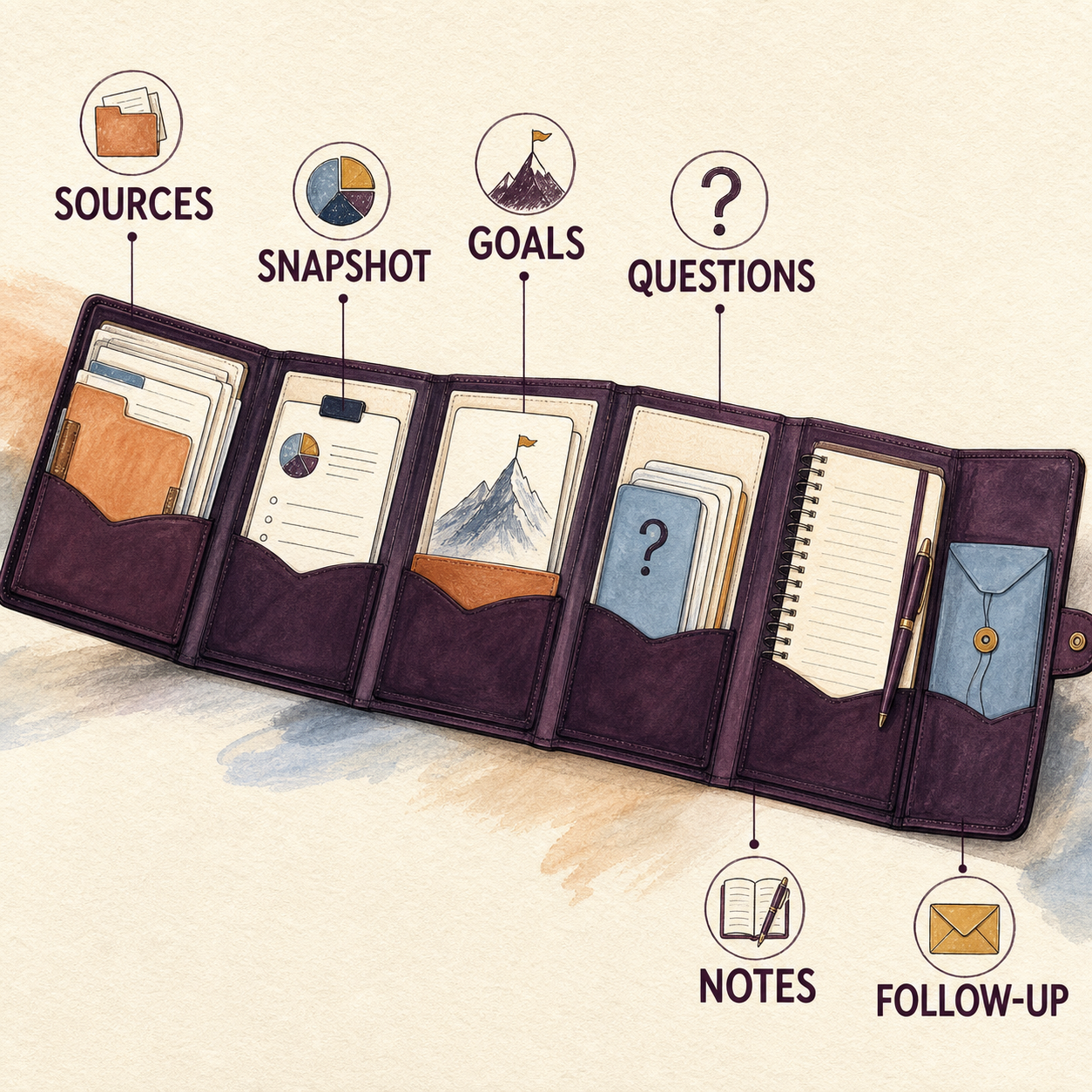 Financial Professional Handoff Organizer contents covering sources, snapshot, goals, questions, notes, and follow-up