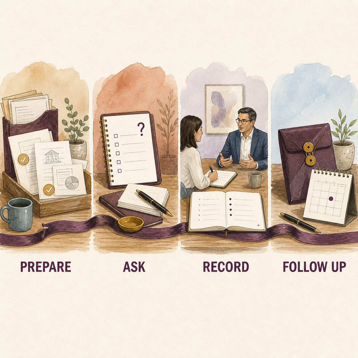Financial Professional Handoff Organizer method showing prepare, ask, record, and follow up