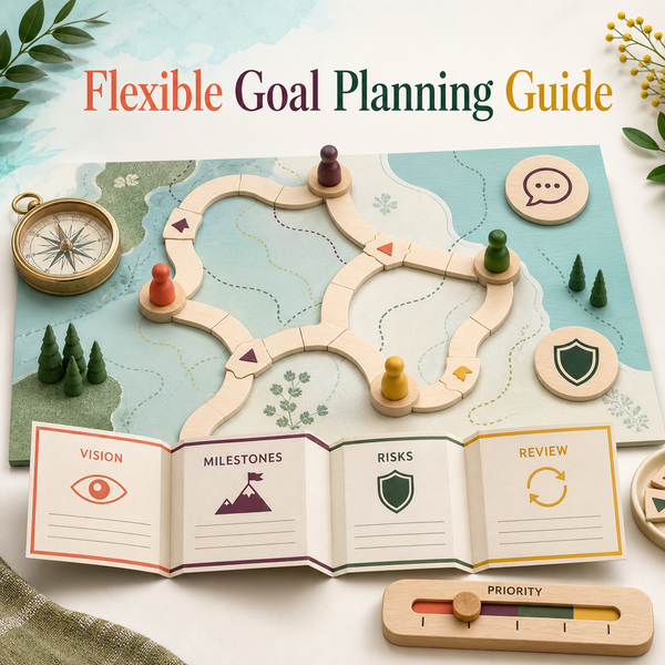 Flexible Goal Planning Guide cover showing a branching strategy map, movable goal markers, compass, priority slider, milestones, risks, communication, and review.