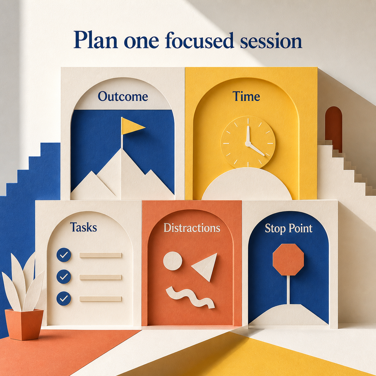 Focus Session Plan Generator overview of outcome, time, tasks, distractions, and stop point