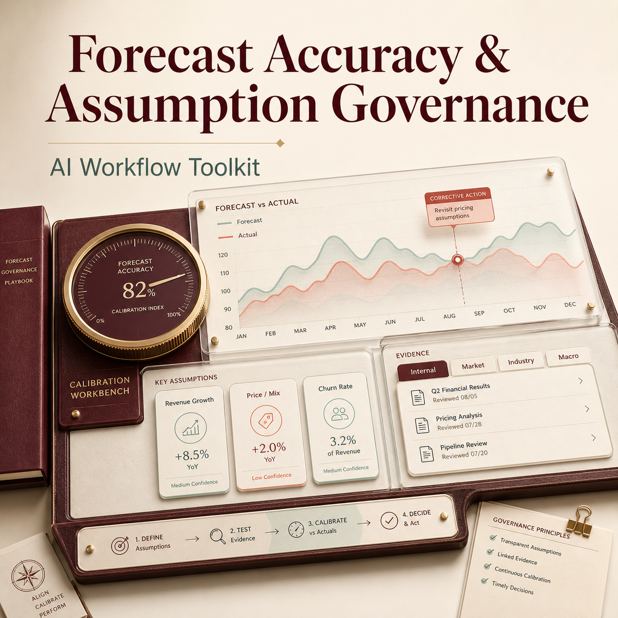 Forecast Accuracy and Assumption Governance AI Workflow Toolkit cover with calibration dashboard