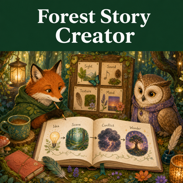 Illustrative forest story-writing scene with fox and owl characters, sensory setting prompts, and an idea-to-wonder story arc.