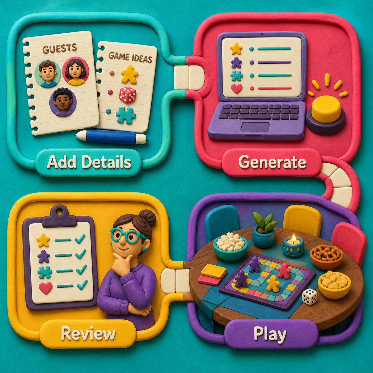 Game Night Plan Generator add details, generate, review, and play method