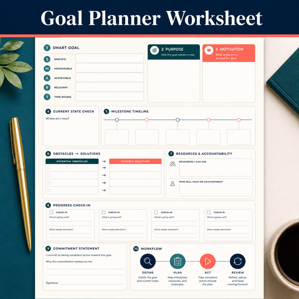 Goal planning worksheet with SMART goal, purpose, motivation, current-state check, milestones, obstacles-to-solutions, accountability, progress check-ins, commitment, and review workflow.